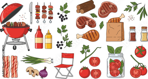 BBQ and grill food collection with barbecue, meat, vegetables, sauces and cooking elements isolated vector illustration set