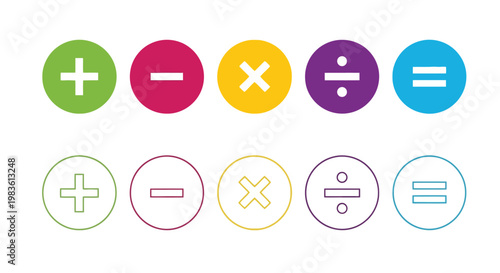 Collection of Math Operation Symbols Icons Plus, Minus, Multiply, Divide, and Equals in Solid and Outline Styles