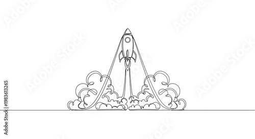 A minimalist line art illustration of a rocket launching with stylized smoke clouds against a white background, symbolizing space exploration and new beginnings