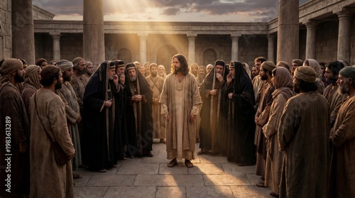 Jesus standing in middle of crowd of people in ancient temple. Religious scene depicting biblical miracle or sermon. Catholic faith, spiritual teaching and historical gathering concept.