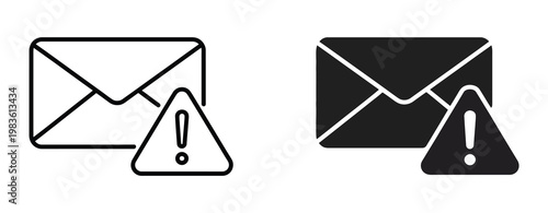 Email warning message icon set, alert notification symbols with envelope and caution signs for spam detection, security alerts, phishing awareness and communication risk indicators