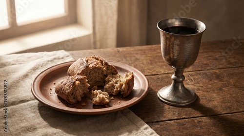 Broken bread on plate and metal chalice with wine on wooden surface. Holy communion, eucharist and faith concept. Christian religious ritual, worship and liturgy celebration symbol.