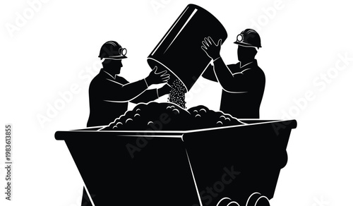 Two miners are depicted as a striking black silhouette one pouring material from a bucket into a wheelbarrow showcasing industrial labor silhouette high quality