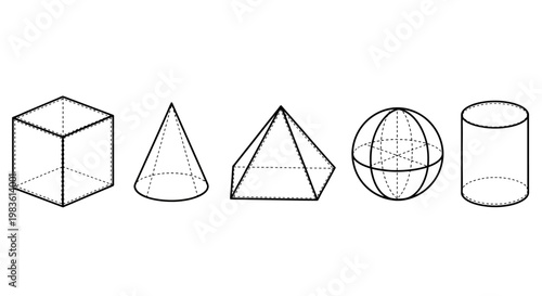 Minimalist outlines of various fundamental geometric solids, providing clear visual examples of three-dimensional shapes for educational and design projects
