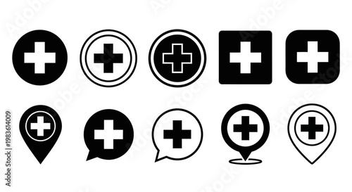 Set of various medical cross icons with different shapes and styles