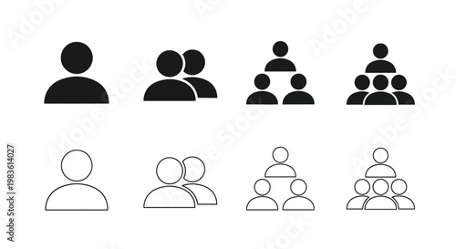 Versatile collection of user profile and multi-person group icons, presented in both filled and outline styles, ideal for digital interfaces 