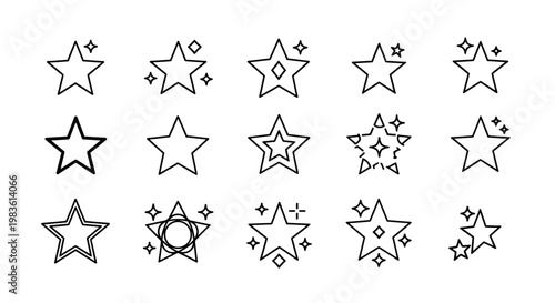 Collection of Star Icons, Featuring Various Designs and Sparkle Effects for Graphic Design and Creative Projects