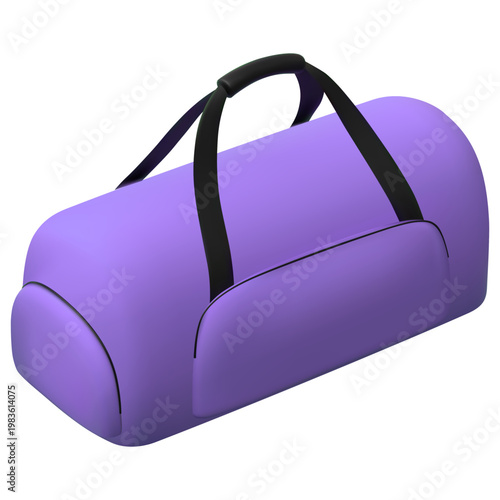 A realistic purple, closed duffel bag with black strapped handles.