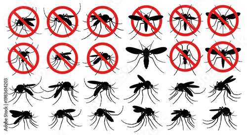 Collection of mosquito icons including multiple illustrations of mosquitoes with red prohibition circles and silhouette representations