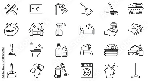 Set of cleaning icons representing various household cleaning tools, supplies, and activities for domestic hygiene