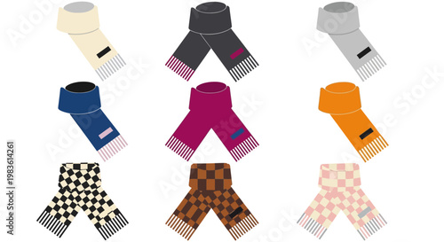 Diverse Array of Illustrated Scarves with Varied Colors and Patterns for Fashion and Apparel Design Projects, Showcasing Winter Accessory Styles