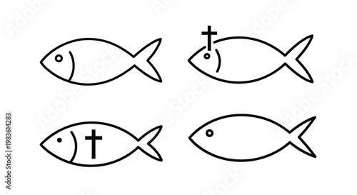 Collection of Christian Ichthys Fish Symbols with Crosses, Representing Faith, Spirituality, and Religious Beliefs