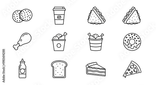 A delightful collection of monochrome line art icons showcasing popular fast food, bakery items, and snack options for modern design projects and culinary themes