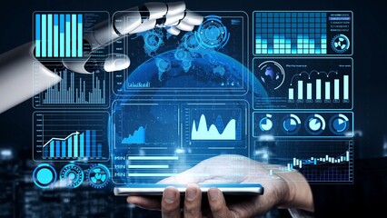 AI artificial intelligence drives data analytics with predictive models, smart dashboards, and virtual assistant insights for data-driven business decisions.
