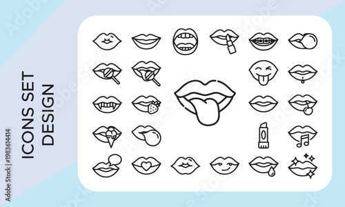 Lips and Lip Care, linear style icon set. Lip shapes, beauty treatments, injections, gloss, balm, and cosmetic enhancements, skincare, makeup. Editable stroke width