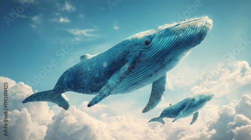 Two blue whales swimming gracefully through a bright sky filled with fluffy clouds, showcasing intricate patterns on their bodies in a surreal underwater scene
