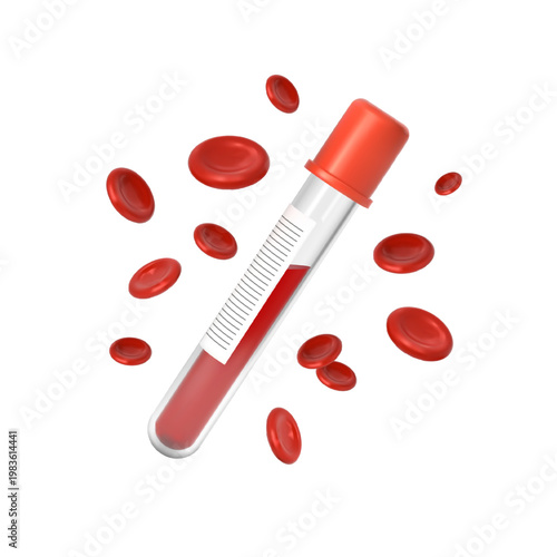A test tube with blood, sealed with a red cap and blank label, surrounded by red blood cells.