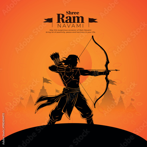 Hindu festival Shree Ram Navami, lord rama, indian mythology, vector illustration, orange background