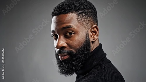 Profile portrait of confident Black man with beard.