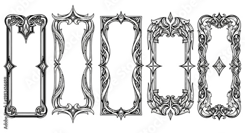A set of ornate, decorative, vintage-inspired rectangular frames with intricate detailing and symmetrical patterns, presented in a clean, minimalist black and white style