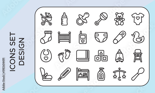 Baby Care Icons Set. Babies Care icon pack. Baby line icon set. Minimalist vector collections. Contain linear symbols child care, newborn, child, care Diaper, Feeding Bottle, Baby Bath, Pacifier and N