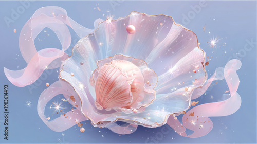 Elegant seashell with a pink pearl inside, surrounded by soft pastel ribbons and sparkling elements on a light blue background, creating a dreamy underwater aesthetic
