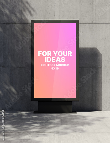 A vertical lightbox with a white background stands on a metal support against a concrete wall for presenting your ideas. Presentation space. Advertising space. 3D rendering