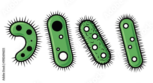 Diverse group of microscopic organisms showcasing various forms of bacteria and microbes, symbolizing the unseen biological life and potential health implications