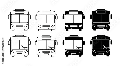 Collection of various bus icon designs in outline and filled styles, perfect for transportation themes and urban mobility projects