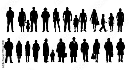 A diverse collection of silhouette figures representing various ages, genders, and sizes, showcasing a broad spectrum of humanity in a simplified, graphic style