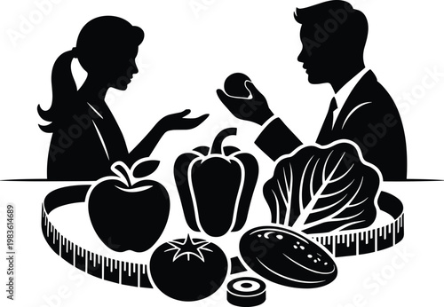 Healthy Nutrition Concept with Professional Couple Discussing Diet Plans Surrounded by Fresh Vegetables Fruits and Measuring Tape Silhouette