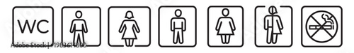 wc toilet restroom bathroom sign icon symbol vector outline set collection male female unisex gender no smoking pictogram public facility door minimal isolated on transparent background
