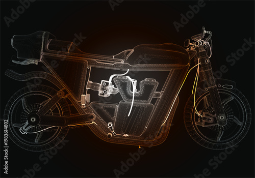 High detailed outline of a motorcycle showing its structure and design with bright colors on a dark background