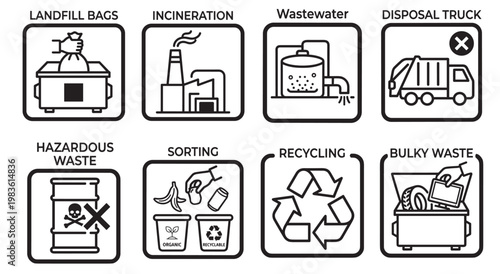 waste recycling trash garbage icon symbol vector outline set collection disposal environment management bin container industry pollution sanitation minimal isolated on transparent background