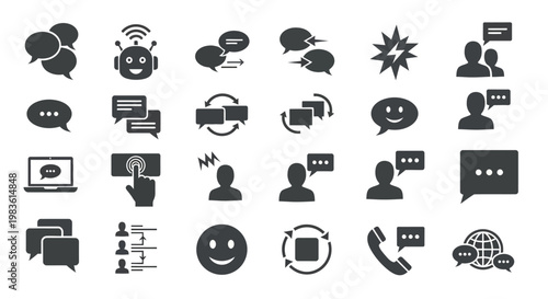 Collection of speech bubble icons, representing communication, conversation, and social interaction in various forms, including technology and simple emojis