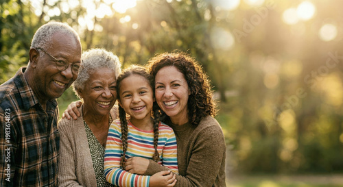 Family Portrait in Sunlight: A heartwarming family portrait of four people, capturing a moment of togetherness and joy, bathed in the warmth of sunlight and nature's embrace.