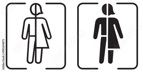 gender unisex toilet restroom bathroom sign icon symbol vector outline silhouette male female person split pictogram public facility door label square frame minimal isolated on transparent background