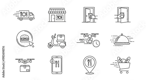 Food delivery service icons set, 12 thin line vector elements for online ordering, restaurant logistics and fast shipping symbols on white background