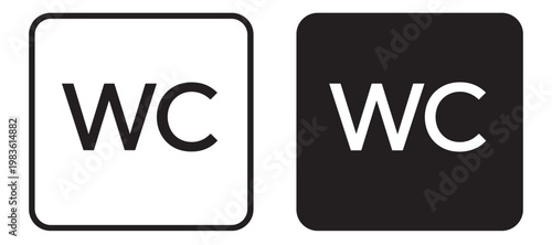 wc toilet restroom bathroom sign icon symbol vector outline and silhouette public facility door label square frame minimal typography isolated on transparent background