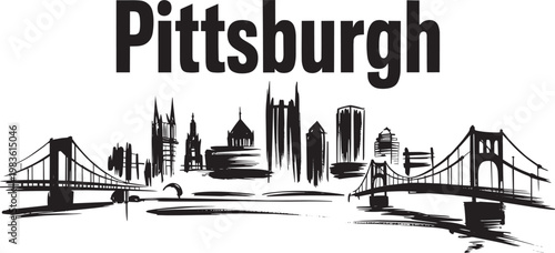 Pittsburgh Pennsylvania Skyline with Bridges and Downtown Buildings Sketch Illustration