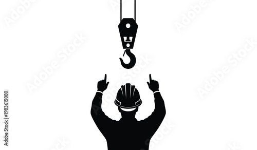 A stark black silhouette depicts a construction worker directing a crane overhead signaling for a lift with raised hands silhouette high quality professional detailed