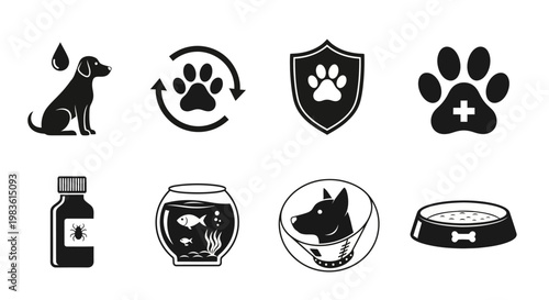 Pet care icons set, veterinary medicine and animal health symbols, 8 black vector elements for clinic services and pet shop branding