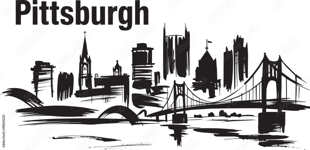 Obraz premium Pittsburgh skyline illustration with bridge and skyscrapers in a sketchy style in outline style