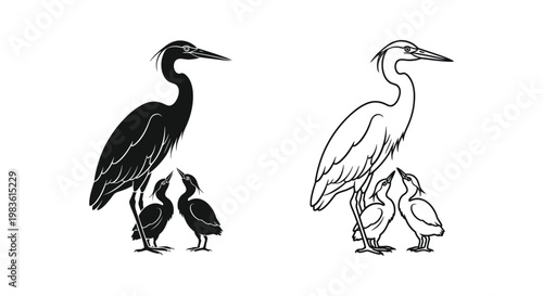 Bird Family Line Drawing: Heron & Chicks Art Vector