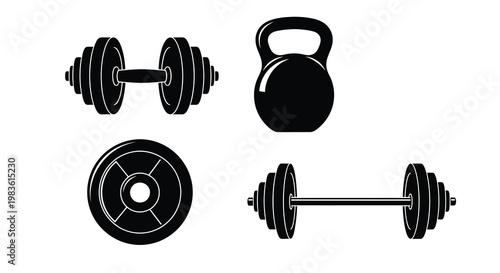 Black silhouettes of dumbbells kettlebell and weight plates on white background silhouette