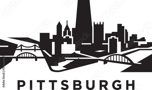 Pittsburgh skyline illustration with bridges and city buildings, USA in outline style
