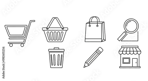 Minimalist e-commerce line icons set, shopping cart and basket vector symbols, retail store and digital marketing web elements for interface design