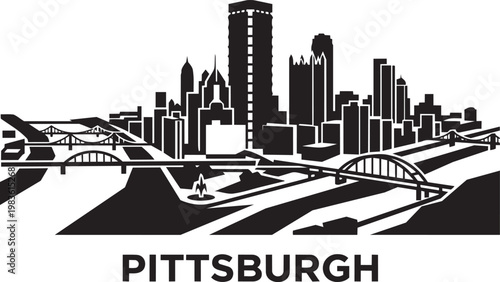 Pittsburgh skyline illustration with bridges and skyscrapers in black and white vector