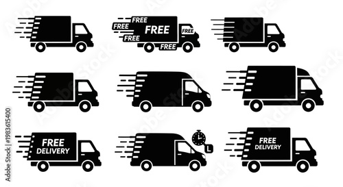 Fast delivery truck icons set, black shipping van silhouettes with speed lines, 9 express courier service symbols for logistics and e-commerce