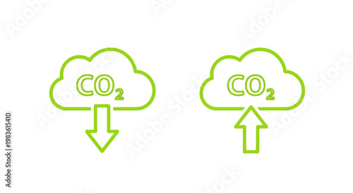 Green CO2 cloud icons with arrows, carbon dioxide emission and reduction symbols, environmental sustainability vector set for climate change